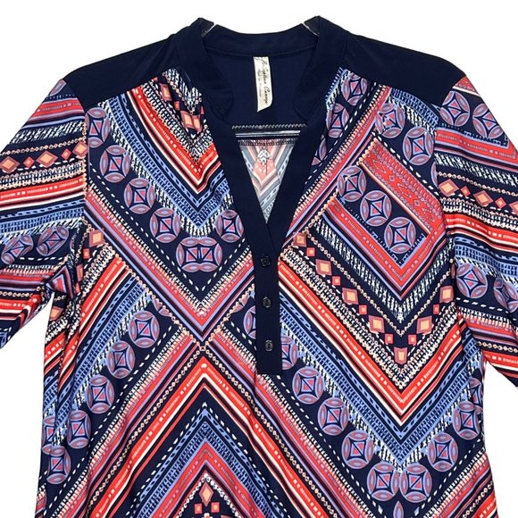 PerSeption Concept Blouse Womens Large Blue Pink Short Sleeve Y Neck Pullover Ge - Picture 2 of 7